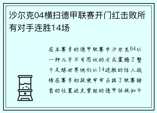沙尔克04横扫德甲联赛开门红击败所有对手连胜14场