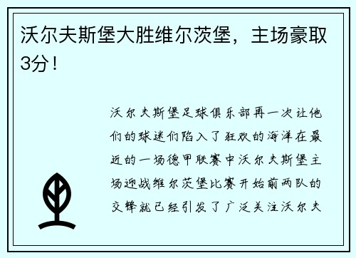 沃尔夫斯堡大胜维尔茨堡，主场豪取3分！